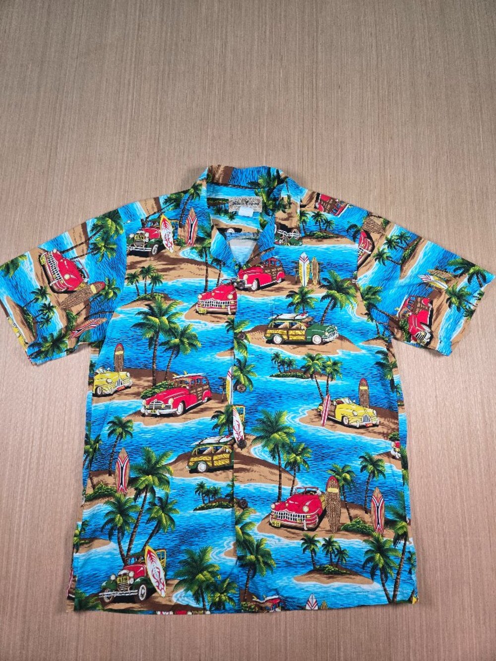 Vintage Blue Hawaii Shirt Men’s Medium 100% Cotton Made in USA Surf Cars